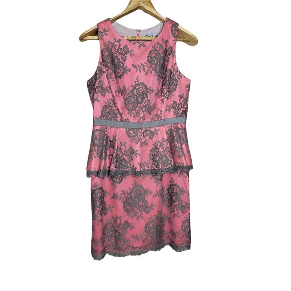 Eliza J Pink Coral & Gray Lace Sleeveless Peplum Hem Dress Size 10 - Picture 3 of 11